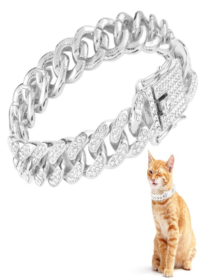 Amabro Cat Chain Collar, Diamond Cuban Link Kitten Walking Collar with Secure Buckle 12mm Wide Pet Rhinestones Necklace Metal Chain Jewelry Accessories for Cats Dogs Kittens Puppies 8inch(Silver) - Image 1
